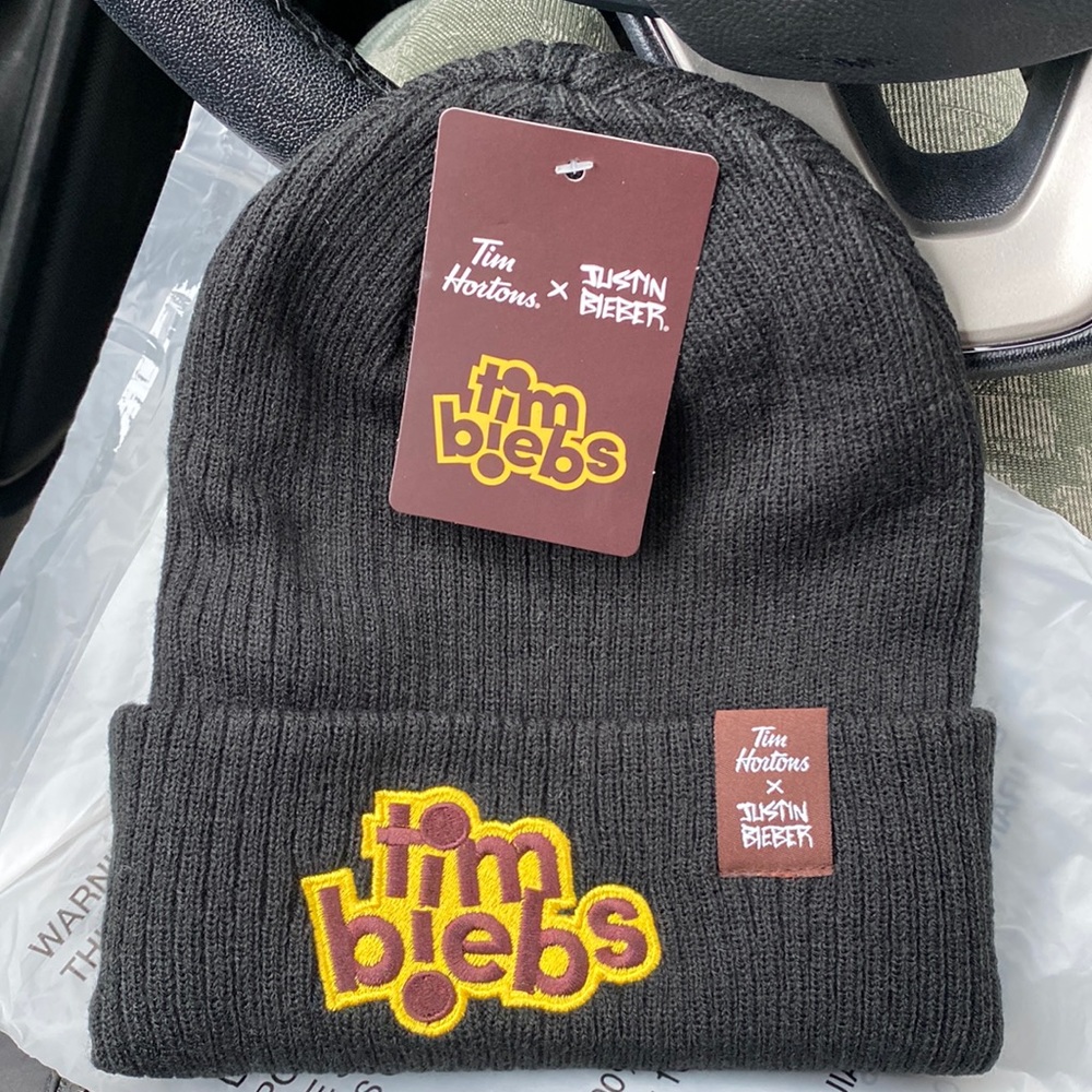NWT Justin Bieber X Tim Hortons Tim Biebs tuque beanie and tote bag hat merch